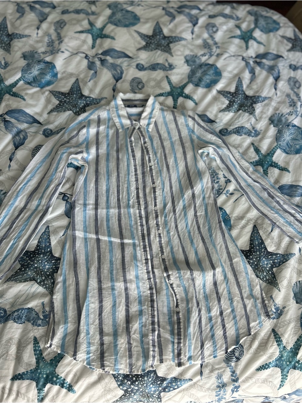 Island Company Striped Button-Up Linen Shirt in White and Blue